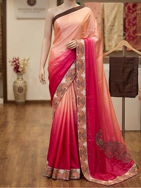 NEW Pink Ombre Silk Saree with Embroidered Border